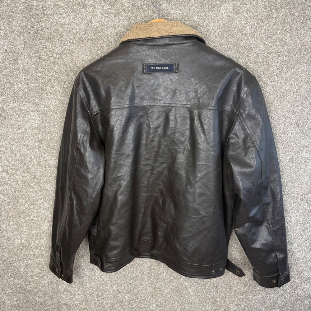 US Polo Assn Mens Large Faux Leather Sherpa Lined Trucker Jacket Brown - Picture 3 of 8